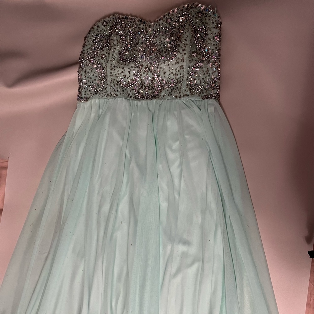 Floor length light blue prom dress